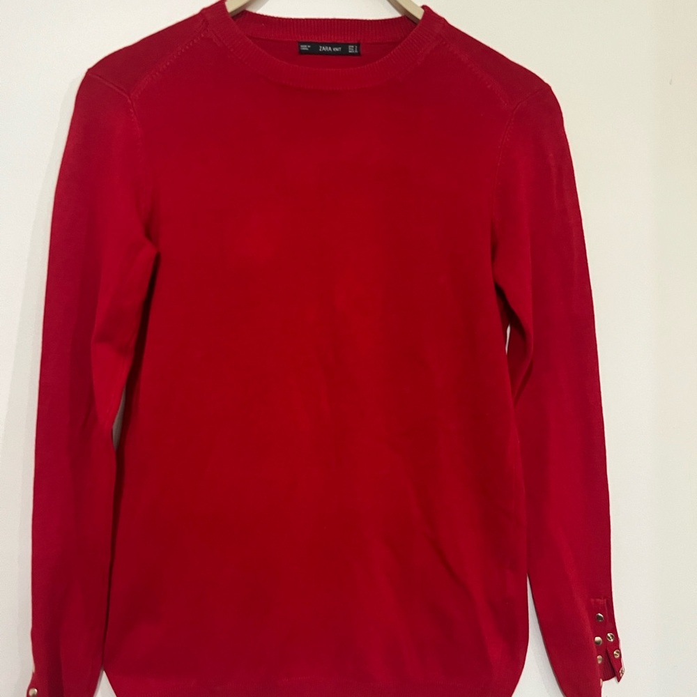 Zara Red Crew Neck Sweater Vibrant Knit Casual